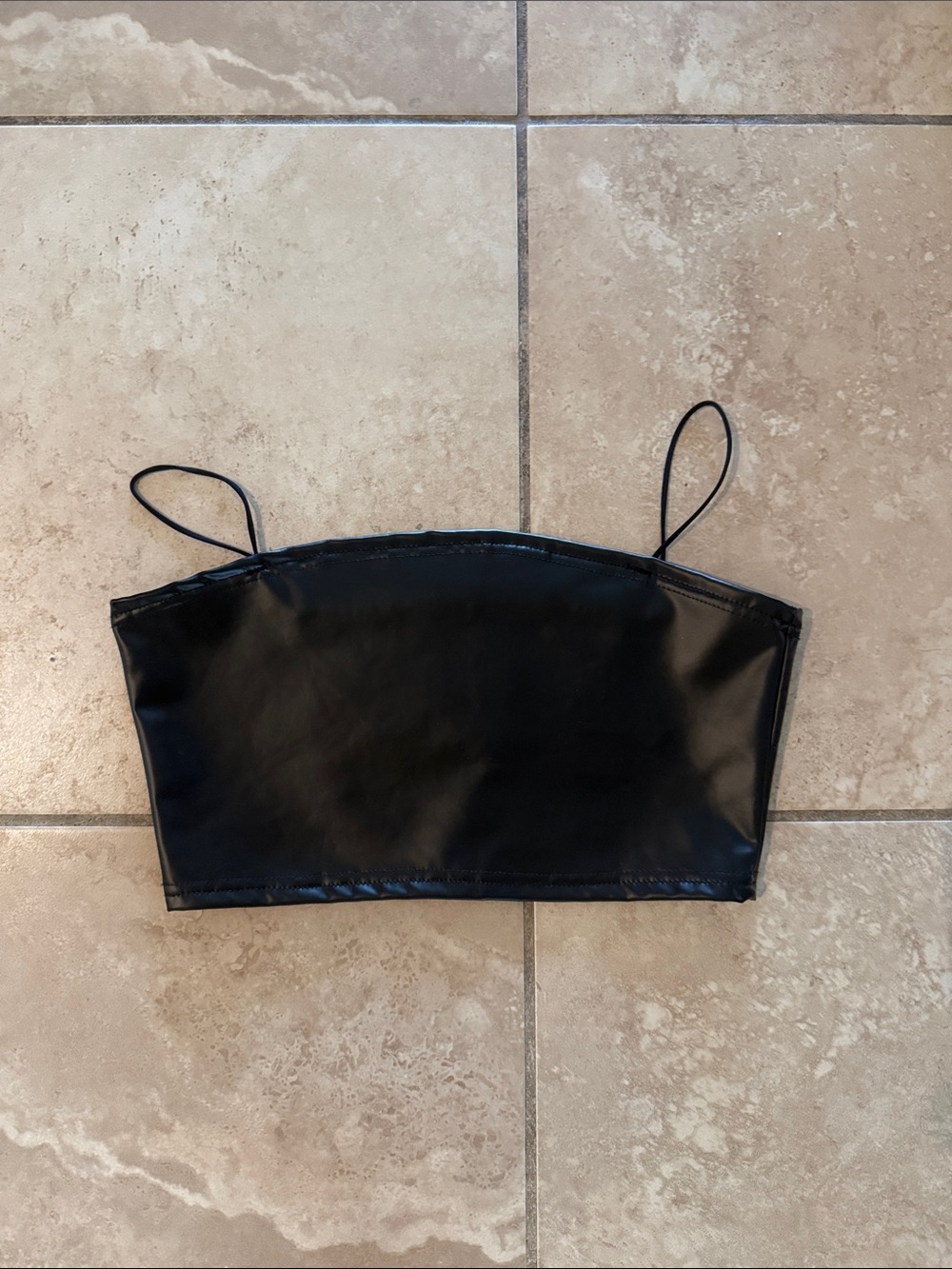 Black Faux Leather Spaghetti Strap Crop Top - Small